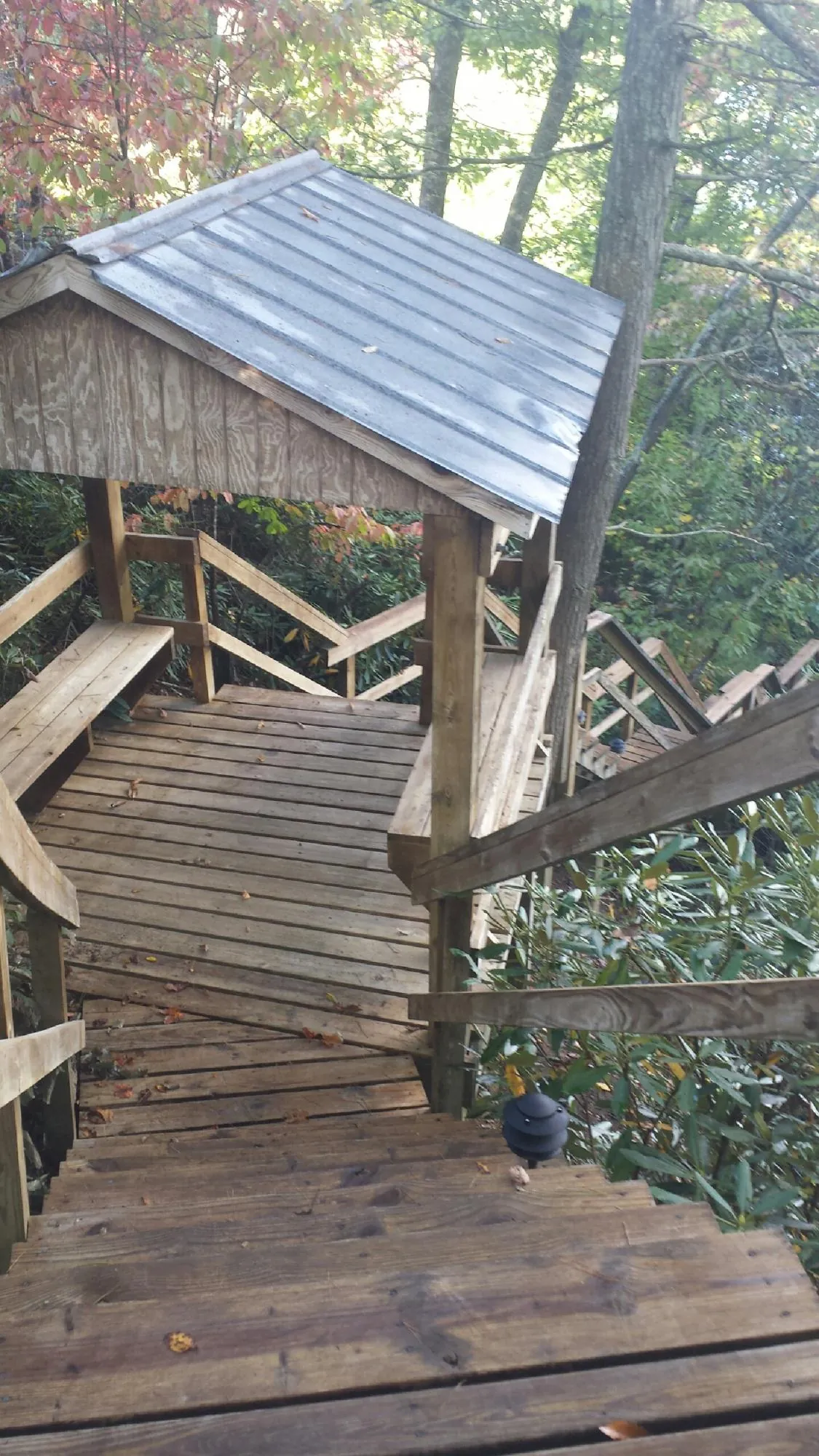 Metal roofed shelter over wooden steps on a wooded walkway — Skylight Repair & Installation work by our crew in Bellaire